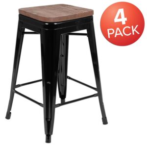 and floor glides protect your floor by sliding smoothly when you need to move the stool. Outfit your eatery with these beautiful stools. The classic metal stool with wood seat looks extraordinary when matched with metal or rustic dining tables. The bistro stools offer a chic option in contrast to conventional wood seating and are built for indoor use. The space-saving stool with tapered frame stacks up to 10 high for storage. Plastic bumper guards protect the frame finish while the stools are stacked. Purchase this pack of 4 counter-height stools for your kitchen island for an immaculate look when pushed under the overhang.