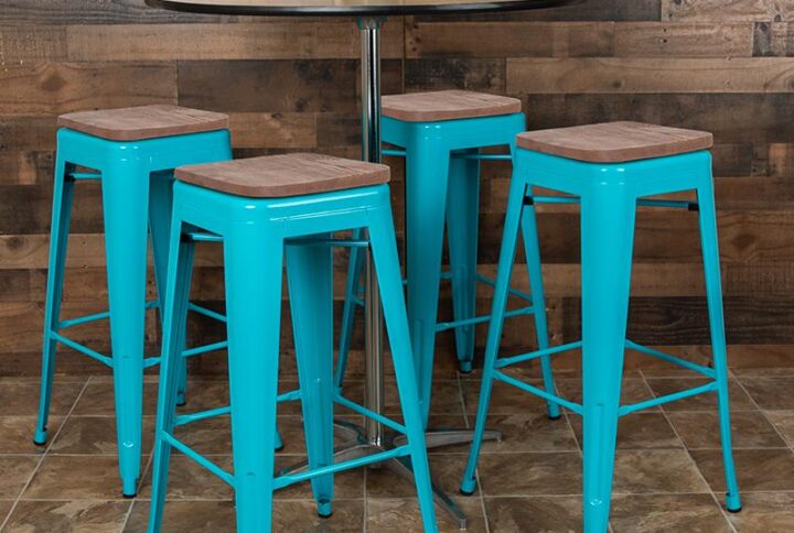 Add exciting furniture to your kitchen and dining room with this set of colorful metal bar stool. The industrial style stool conforms in modern and traditional spaces. Lower support braces doubles as a footrest