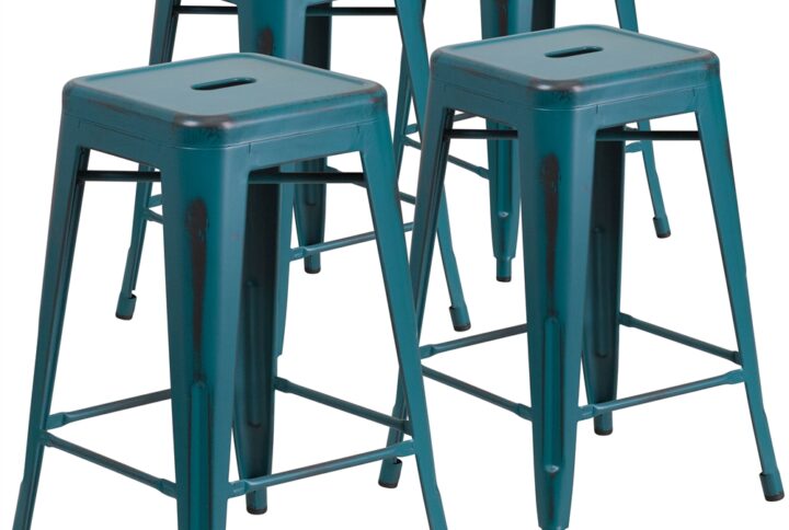 This distressed stool will add a modern industrial appearance to your home or work space. This space-saving stool is stackable making it great for storing. A cross brace underneath the seat adds extra stability and features protective caps that prevent the finish from scratching when stacked. The legs have protective plastic feet that prevent damage to flooring. The unique design of this backless stool can conform in so many spaces.