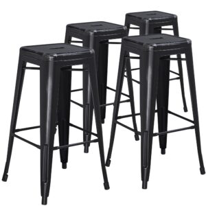 This distressed stool will add a modern industrial appearance to your home or work space. This space-saving stool is stackable making it great for storing. A cross brace underneath the seat adds extra stability and features protective caps that prevent the finish from scratching when stacked. The legs have protective plastic feet that prevent damage to flooring. The unique design of this backless stool can conform in so many spaces.