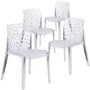 Create a beautiful and artistic statement with this transparent accent chair. You'll fall in love with this chair with its intricate cut-out design. The transparency of the chair allows it to take up less space visually as with a solid chair. This chair was crafted with an ingenious combination of lightness and strength. Due to its stacking capabilities