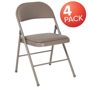 When your guest brings a surprise plus one handle the situation with ease with this classic metal folding chair with vinyl upholstery. This folding chair is a convenient option for everyday use or when you need extra seating in a residential or commercial setting. The comfortable seat is padded with .5" of foam. The seat and back are covered in beige vinyl that matches the beige frame finish. Its 18 gauge curved steel frame is double braced with leg strengthening support bars to hold up to 300 pounds. These chairs are portable and fold compactly to transport and store. Non-marring floor glides on the legs protect your floors from scuffs and scrapes by sliding smoothly when you move them. Designed for indoor and outdoor use