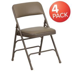 When your guest brings a surprise plus one handle the situation with ease with this classic metal folding chair with vinyl upholstery. This folding chair is a convenient option for everyday use or when you need extra seating in a residential or commercial setting. The comfortable seat is padded with 1" of foam. The seat and back are covered in beige vinyl that matches the beige frame finish. Its 18 gauge curved steel frame is triple braced and double hinged with leg strengthening support bars to hold up to 300 pounds. These chairs are portable and fold compactly to transport and store. Non-marring floor glides on the legs protect your floors from scuffs and scrapes by sliding smoothly when you move them. Designed for indoor and outdoor use