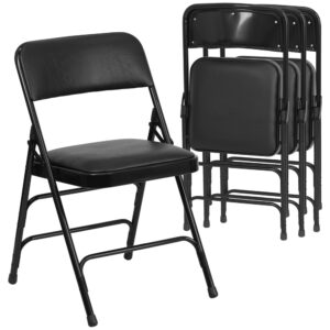 When your guest brings a surprise plus one handle the situation with ease with this classic metal folding chair with vinyl upholstery. This folding chair is a convenient option for everyday use or when you need extra seating in a residential or commercial setting. The comfortable seat is padded with 1" of foam. The seat and back are covered in black vinyl that matches the black frame finish. Its 18 gauge curved steel frame is triple braced and double hinged with leg strengthening support bars to hold up to 300 pounds. These chairs are portable and fold compactly to transport and store. Non-marring floor glides on the legs protect your floors from scuffs and scrapes by sliding smoothly when you move them. Designed for indoor and outdoor use