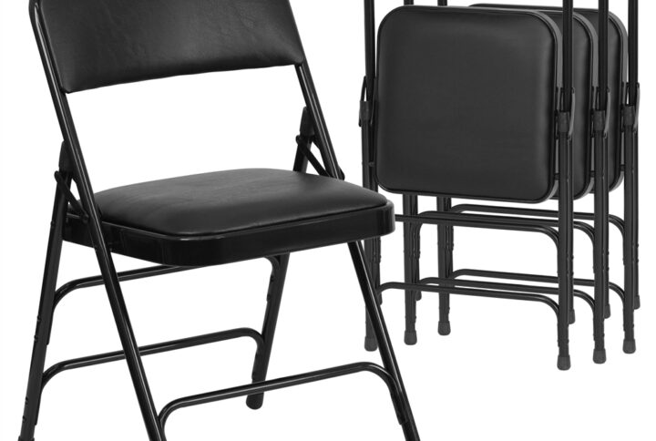 When your guest brings a surprise plus one handle the situation with ease with this classic metal folding chair with vinyl upholstery. This folding chair is a convenient option for everyday use or when you need extra seating in a residential or commercial setting. The comfortable seat is padded with 1" of foam. The seat and back are covered in black vinyl that matches the black frame finish. Its 18 gauge curved steel frame is triple braced and double hinged with leg strengthening support bars to hold up to 300 pounds. These chairs are portable and fold compactly to transport and store. Non-marring floor glides on the legs protect your floors from scuffs and scrapes by sliding smoothly when you move them. Designed for indoor and outdoor use
