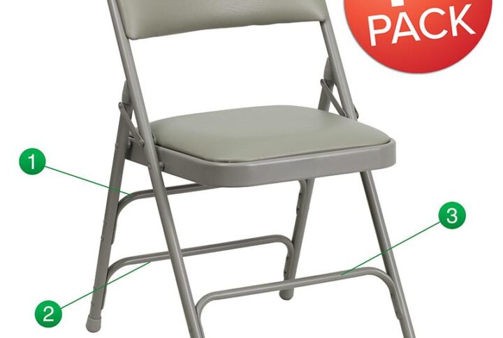 When your guest brings a surprise plus one handle the situation with ease with this classic metal folding chair with vinyl upholstery. This folding chair is a convenient option for everyday use or when you need extra seating in a residential or commercial setting. The comfortable seat is padded with 1" of foam. The seat and back are covered in gray vinyl that matches the gray frame finish. Its 18 gauge curved steel frame is triple braced and double hinged with leg strengthening support bars to hold up to 300 pounds. These chairs are portable and fold compactly to transport and store. Non-marring floor glides on the legs protect your floors from scuffs and scrapes by sliding smoothly when you move them. Designed for indoor and outdoor use