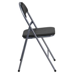 portable folding chairs. The Black Vinyl Metal Folding Chair with Carrying Handle offers a convenient solution during game day