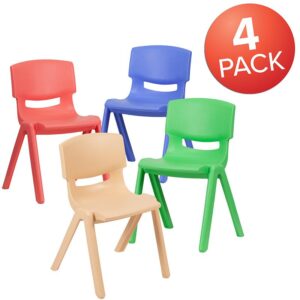 kitchen or storage area. The assorted colored stackable plastic chairs are ideal for extra seating to keep around the home and stack away when no longer needed. Low in maintenance