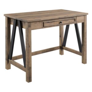 The Quinton Desk offers rustic style that will beautifully elevate any home décor.  This ample writing desk features convenient yet concealed power with both AC plug-ins and dual USB ports cleverly tucked away in the top drawer. This large storage drawer keeps office supplies organized and devices out of sight. Attractive steel trestle accentuates the sturdy frame and rubbed bronze hardware paired with woodgrain surfaces completes the look. Upgrade
