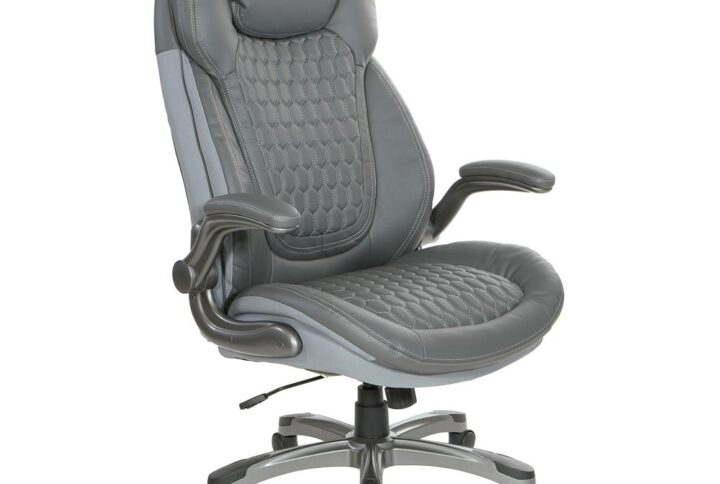 Strap in for a comfortable office chair constructed in contoured bonded leather. The padded flip arms effortlessly move front and back whenever you need an armrest. Adjustable tilt tension and locking control brings the chair's functionalities back into your hands. Built-in lumbar support and one-touch pneumatic height adjustment assures relaxing support during long work sessions. An ergonomic solution is just around the corner. Complete with Titanium nylon base with dual wheel carpet casters.