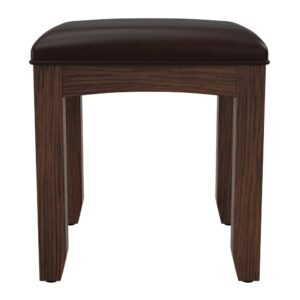 The Modern Mission Collection is an updated version of the traditional Craftsman design. The renewed look has enhanced darker hues in the finish with a deep oak grain look and feel. The vanity bench is made of solid wood and upholstered with a comfortable cushioned vinyl seat. Pair this bench with a matching vanity mirror combo for all your daily routines.