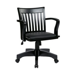 Deluxe Wood Bankers Chair with Vinyl Padded Seat in Black Finish and Black Vinyl Fabric