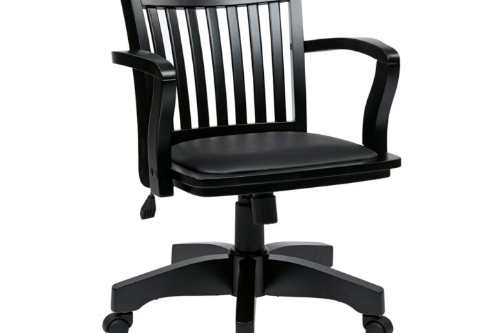 Deluxe Wood Bankers Chair with Vinyl Padded Seat in Black Finish and Black Vinyl Fabric