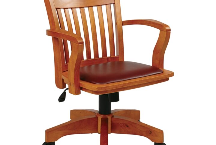 Deluxe Wood Bankers Chair with Vinyl Padded Seat in Fruit Wood Finish and Brown Vinyl Fabric