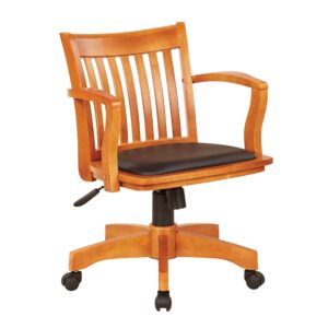 Deluxe Wood Bankers Chair with Vinyl Padded Seat in Fruit Wood Finish and Black Vinyl Fabric