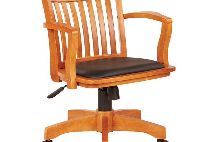 Deluxe Wood Bankers Chair with Vinyl Padded Seat in Fruit Wood Finish and Black Vinyl Fabric