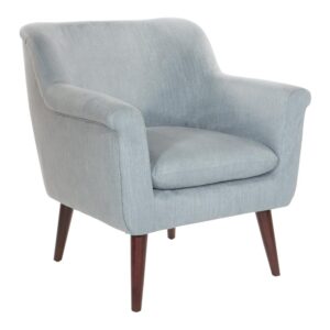 The Mid-Century Dane Accent Chair delivers style and comfort to any space.  Classic rolled arms and high-density foam core cushion provide an alluring reprieve from your busy day. Solid wood tapered legs and subtle piping create refined detailing on this sophisticated chair. Upholstered in richly hued tones