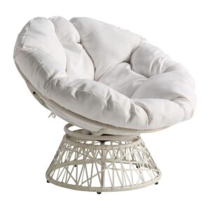 Create a laid back vibe in your home with our twist on the classic papasan chair design. Nest into the generously large Dacron-filled cushion. Enjoy the boho styling of our durable resin wicker wrapped over a metal frame. Complete with a 360° swivel to twist and turn to your heart’s content. Tune in to a time when listening to your favorite albums and sipping on a cool