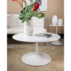 there’s never been a better option than the Flower Coffee Table from OSP Home Furnishings®. This table’s fresh design features a weighted metal base paired with a round top finished in matte white for the epitome of modern sophistication.