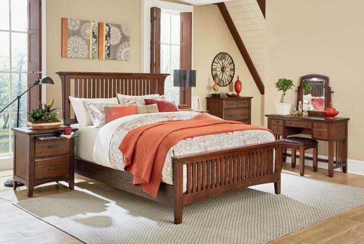 The modern mission collection is an updated version of the traditional craftsman design. The renewed look has enhanced darker hues in the finish with a deep oak grain look and feel. The five step finishing process is perfectly accented by the beauty of the new gunmetal hardware. The king bedroom set are resiliently crafted with two side rails