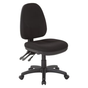Dual Function Ergonomic Chair with Adjustable Back Height. Available in a variety of Fabric Grades. Fabric Padded Seat and Ratchet Back with Built-in Lumbar Support. One Touch Pneumatic Seat Height Adjustment. Dual Function Control. Heavy Duty Nylon Base with Dual Wheel Carpet Casters.