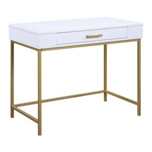 the modern life writing desk in matte finish adds charm and sophistication to any space. Featuring trendy hardware and frame in a powder-coated gold finish