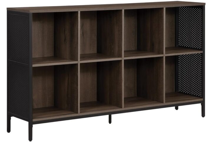 Solve your practical storage solution in style with our wood and metal storage bookshelf! With 13" x 13" cube shelves