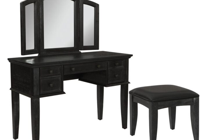 Make a transitional overhaul with the Farmhouse Basics vanity with mirror and bench. This multipurpose set is essential for helping you prepare for the day. A comfortably upholstered seat is provided while grooming yourself over three panel beveled mirrors. On the vanity itself