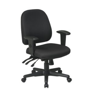Ergonomics Chair with Ratchet Back and Multi Function Control. Contoured Molded Seat and Back with Built in Lumbar Support. One Touch Pneumatic Seat Height Adjustment. Multi Function Control with Adjustable Tilt Tension and Forward Tilt. Ratchet Back Height Adjustment. Height Adjustable Arms with PU Pads. Heavy Duty Nylon Base with Dual Wheel Carpet Casters.
