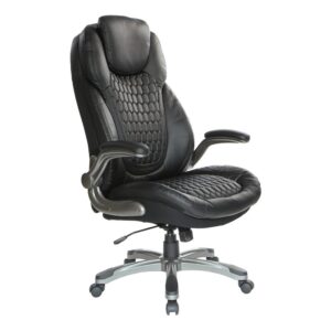 Strap in for a comfortable office chair constructed in contoured bonded leather. The padded flip arms effortlessly move front and back whenever you need an armrest. Adjustable tilt tension and locking control brings the chair's functionalities back into your hands. Built-in lumbar support and one-touch pneumatic height adjustment assures relaxing support during long work sessions. An ergonomic solution is just around the corner. Complete with Titanium nylon base with dual wheel carpet casters.