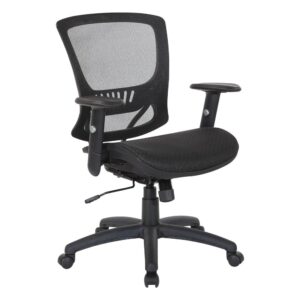 Stay on task with this black office chair designed for comfort.  Sink in to the gentle curve of the breathable mesh seat and back with built in lumbar support while you are hard at work.  Multiple adjustments allow for a completely customized seating experience including a 2-to-1 synchro tilt control with adjustable tilt tension