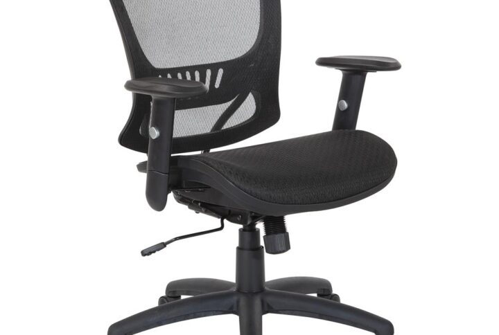 Stay on task with this black office chair designed for comfort.  Sink in to the gentle curve of the breathable mesh seat and back with built in lumbar support while you are hard at work.  Multiple adjustments allow for a completely customized seating experience including a 2-to-1 synchro tilt control with adjustable tilt tension