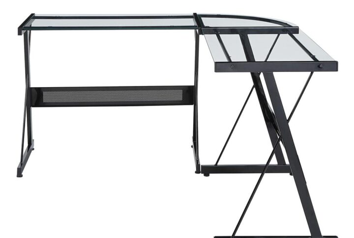 The Prime Glass & Metal L-Desk creates a modern home office that also works great as a programming or gaming station option. Tempered glass surfaces and attractive heavy-duty metal frame provides an airy