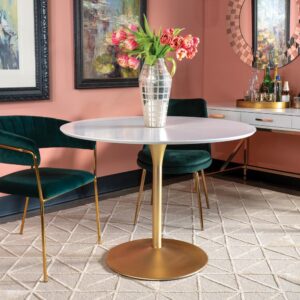 this modern round dining table features a stylish top finished in matte white and paired with a weighted metal base.