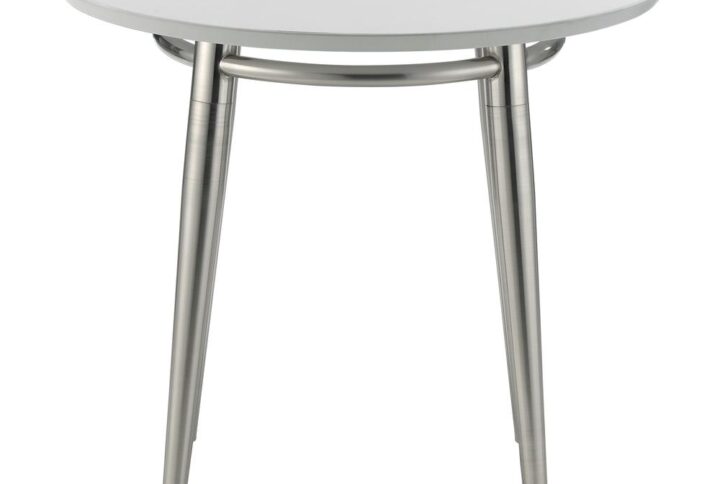 Create a fresh contemporary feel with our modern round end table. Tabletop available in durable white or black painted finish which pairs seamlessly with any interior design. Weighty metal frame in brushed nickel finish