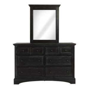 this rustic black dresser fits a variety of décor and comes with a complementing framed beveled mirror. The overcoat replicates a slightly weathered look into deep grained wood veneer. Made of mahogany with albizia wood veneers under a six-step finishing process. Two felt-lined top drawers and four large bottom storage compartments provide spacious room for your clothing. Contained within a sturdy solid wood frame