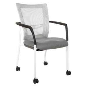 ProGrid® Mesh Back with Padded Steel Fabric Seat Visitors Chair with Arms and White Finish Frame with Casters