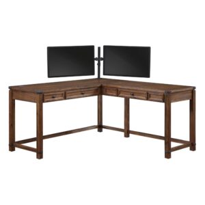 Baton Rouge L-Shape Desk with Dual Monitor Mount in Brushed Walnut Finish
