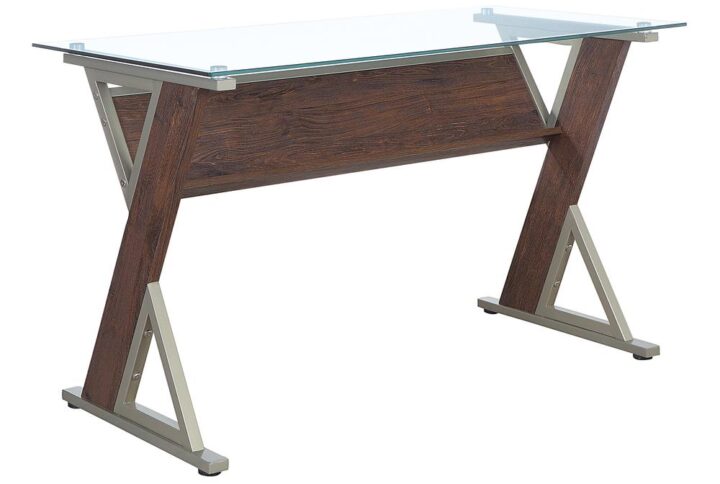 Modernize your home office with the Zenos 48" Glass Top Desk with wood and metal mixed media accents. Chrome standoffs create a sleek floating glass effect