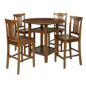 Give your kitchen a quick and easy makeover with this counter height dining set. A beautiful distressed toffee finish awaits your next Sunday brunch or coffee with a friend. Traditional wood details emanate a warm and cozy vibe