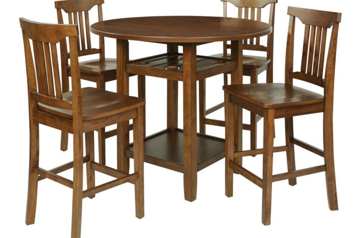 Give your kitchen a quick and easy makeover with this counter height dining set. A beautiful distressed toffee finish awaits your next Sunday brunch or coffee with a friend. Traditional wood details emanate a warm and cozy vibe