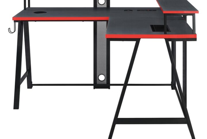 Impact your gaming experience with the Disruptor L-Shaped Gaming Desk. Dual raised monitor shelves follow the expanse of the whole L-shaped surface positioned for an ideal viewing height