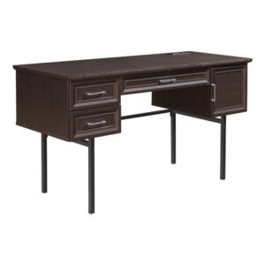 transitional design with the Jefferson Executive Desk. Large drawers and storage shelves keep office supplies and accessories organized and close at hand. AC power-port keeps devices charged up and stowed. An espresso woodgrain finish paired with a strong powder-coat steel frame will showcase Contemporary charm and maintain a transitional aesthetic. The expansive work surface gives ample space for your monitor