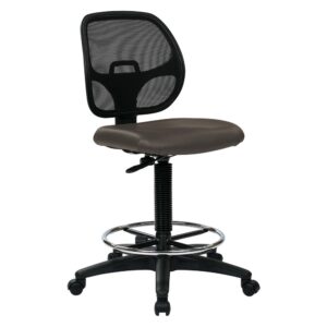 This GREENGUARD certified drafting chair is fashioned with a deluxe mesh back for breathability and adjustable footring to accommodate any size. The vinyl seating gives this chair a corporate look with casual feel. With one touch pneumatic seat height adjustment and back height adjustment