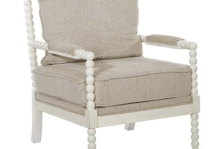 Kaylee Spindle Chair in Beige Linen Fabric with Antique White Frame