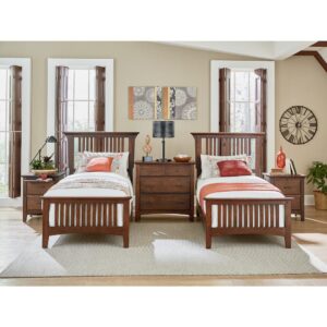 The modern mission collection is an updated version of the traditional craftsman design. The renewed look has enhanced darker hues in the finish with a deep oak grain look and feel. The five step finishing process is perfectly accented by the beauty of the new gunmetal hardware. The double twin bedroom set are resiliently crafted with two side rails