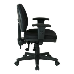 Sculptured Ergonomic Managers Chair. Contour Seat and Fabric Back with Built-in Lumbar Support. One Touch Pneumatic Seat Height Adjustment. Multi Task Control. Back Height Adjustment. Height and Width Adjustable Arms with PU Pads. Heavy Duty Nylon Base with Dual Wheel Carpet Casters.