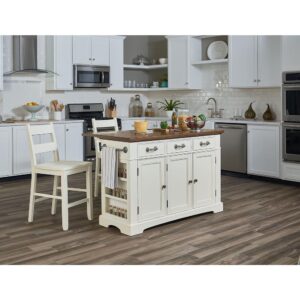 The inspired by Bassett country kitchen island collection is constructed of solid hardwoods and engineered wood. Features include a convenient drop leaf that rises to provide dining and extra serving space. Also includes 3 easy glide