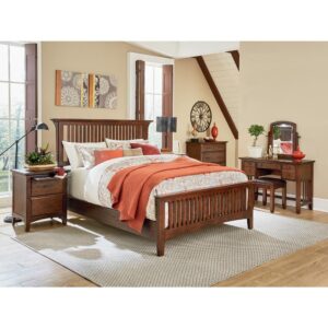 The modern mission collection is an updated version of the traditional craftsman design. The renewed look has enhanced darker hues in the finish with a deep oak grain look and feel. The five step finishing process is perfectly accented by the beauty of the new gunmetal hardware. The queen bedroom set are resiliently crafted with two side rails