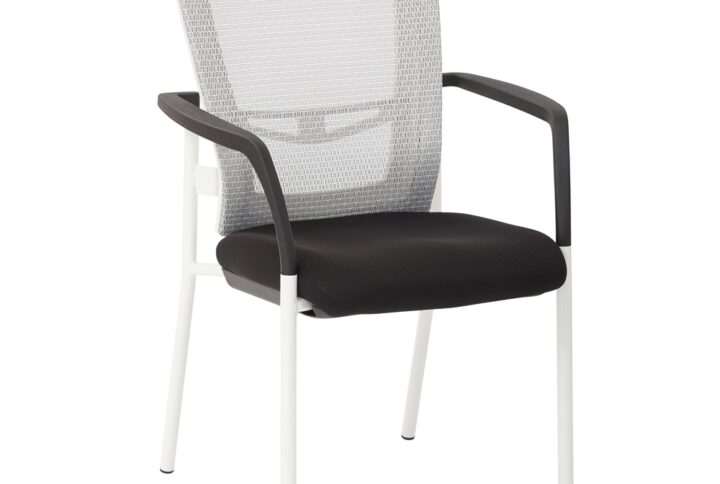 ProGrid® Mesh Back with Padded Black Fabric Seat Visitors Chair with Arms and White Finish Frame